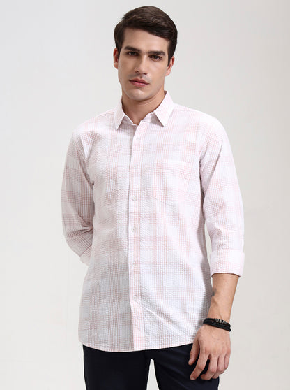 Light Pink Checked Slim Fit Casual Shirt | JadeBlue