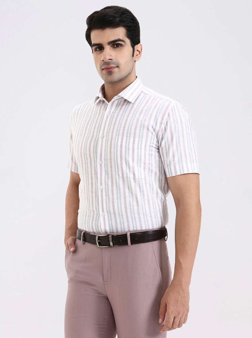 Grey & Pink Striped Regular Fit Formal Shirt | Greenfibre