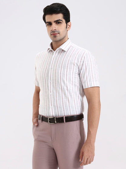 Grey & Pink Striped Regular Fit Formal Shirt | Greenfibre