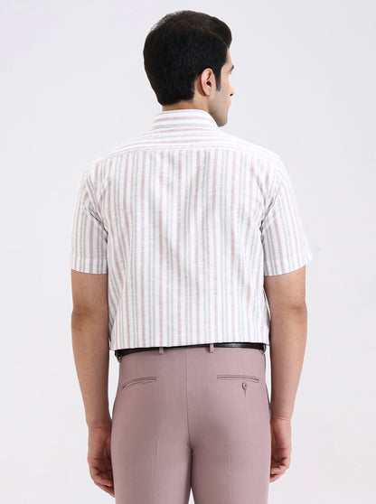 Grey & Pink Striped Regular Fit Formal Shirt | Greenfibre