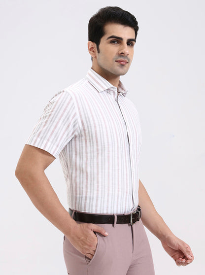Grey & Pink Striped Regular Fit Formal Shirt | Greenfibre