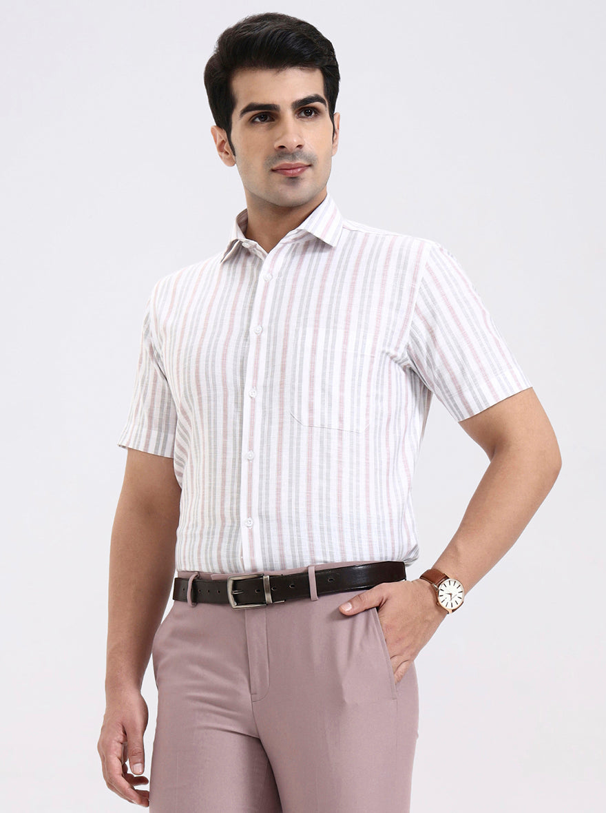 Grey & Pink Striped Regular Fit Formal Shirt | Greenfibre