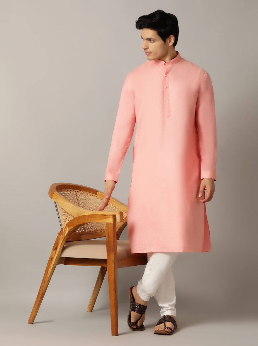 Baby Pink Solid Regular Fit Modi Kurta | JadeBlue