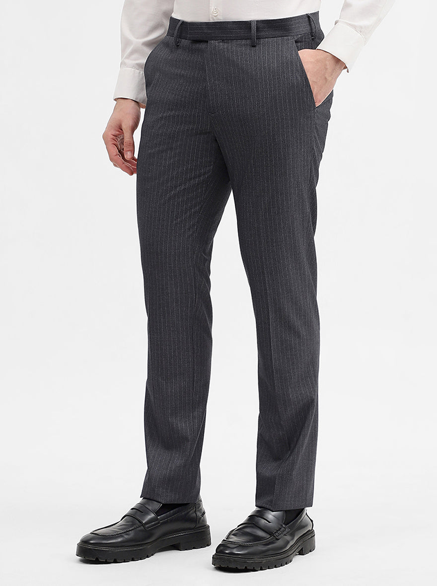 Grey Striped Super Slim Fit Formal Trouser | JadeBlue Youth