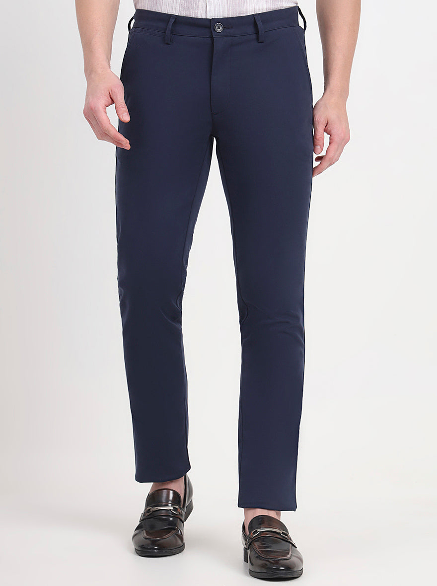 Navy Blue Solid Slim Fit Casual Trouser | JadeBlue