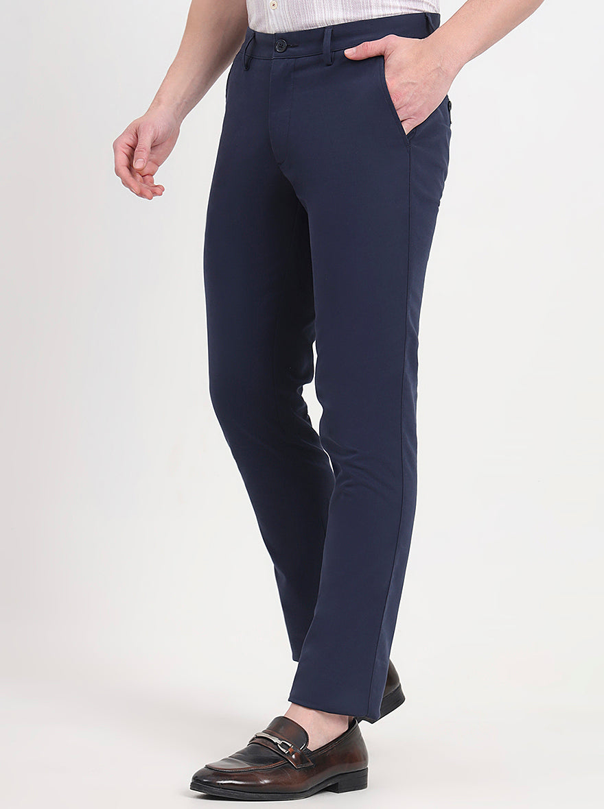 Navy Blue Solid Slim Fit Casual Trouser | JadeBlue