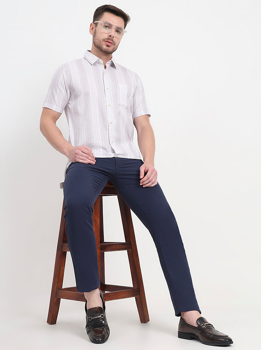 Navy Blue Solid Slim Fit Casual Trouser | JadeBlue