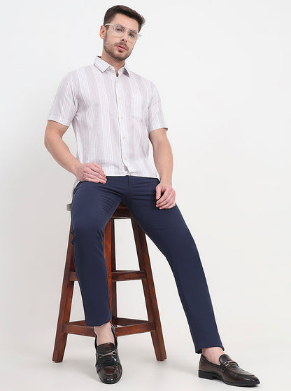 Navy Blue Solid Slim Fit Casual Trouser | JadeBlue