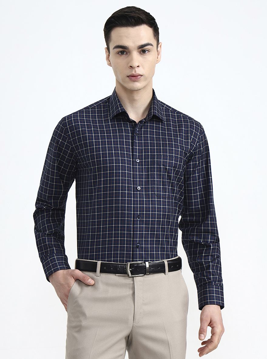 Navy & Yellow Checked Regular Fit Formal Shirt | JadeBlue