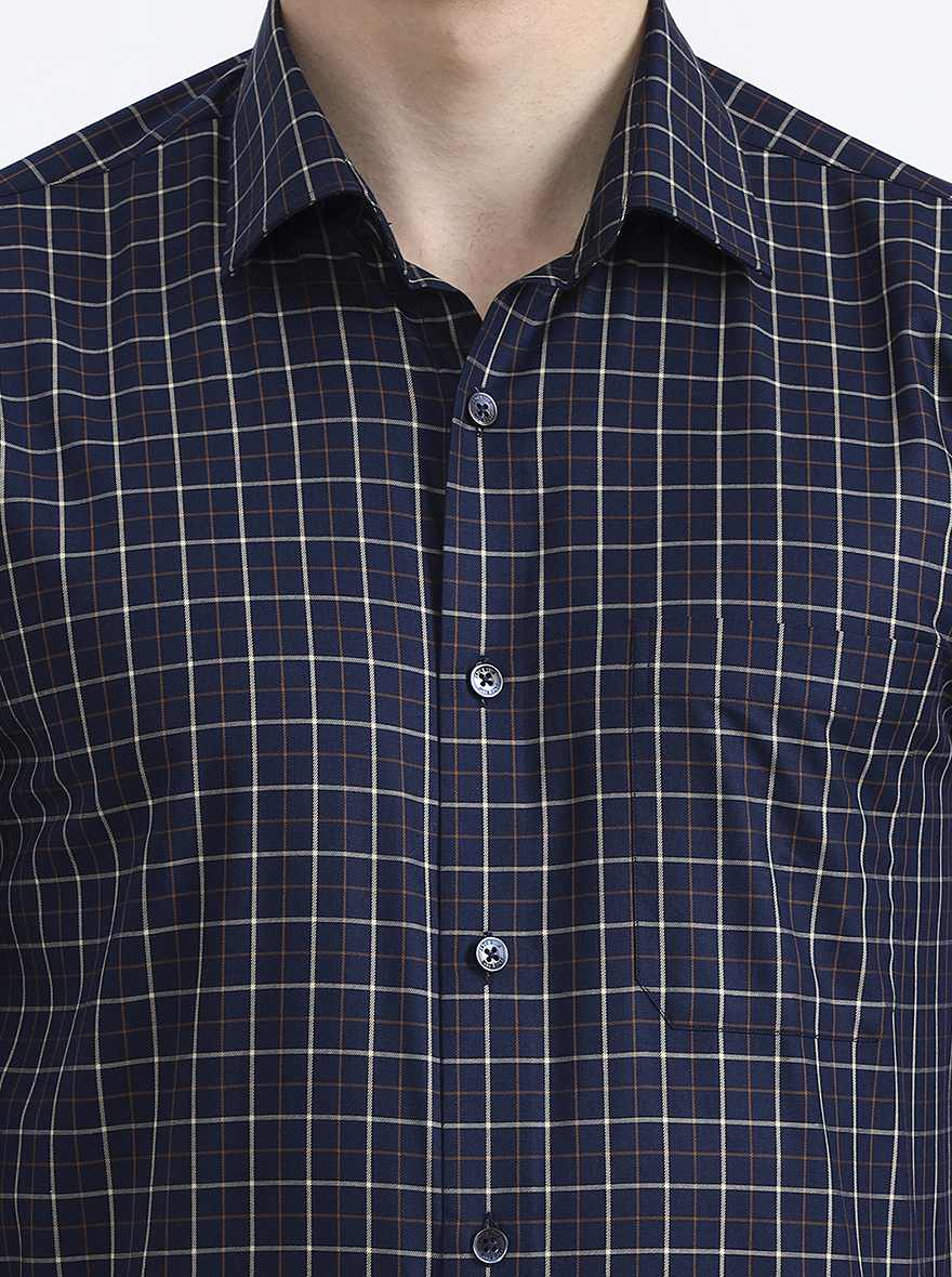 Navy & Yellow Checked Regular Fit Formal Shirt | JadeBlue