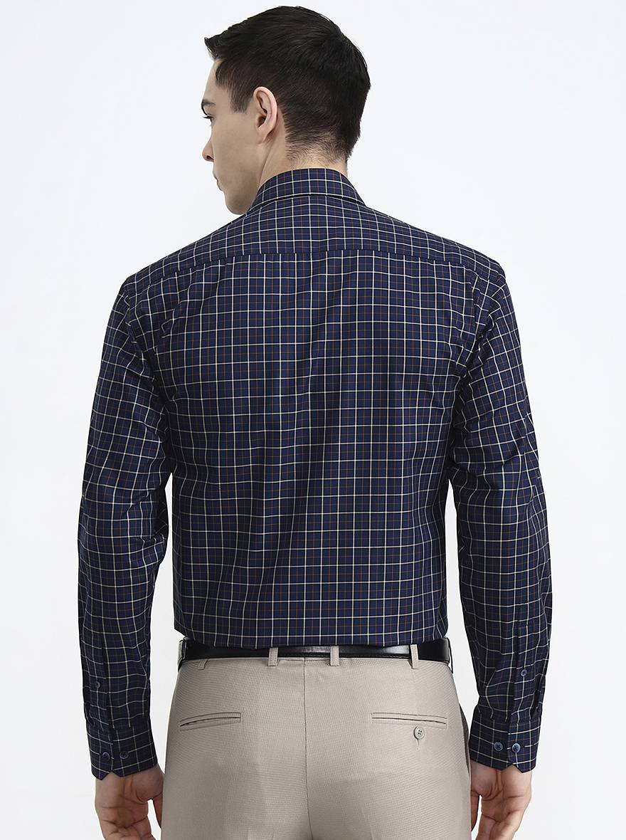 Navy & Yellow Checked Regular Fit Formal Shirt | JadeBlue