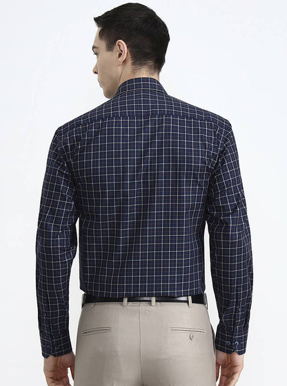Navy & Yellow Checked Regular Fit Formal Shirt | JadeBlue