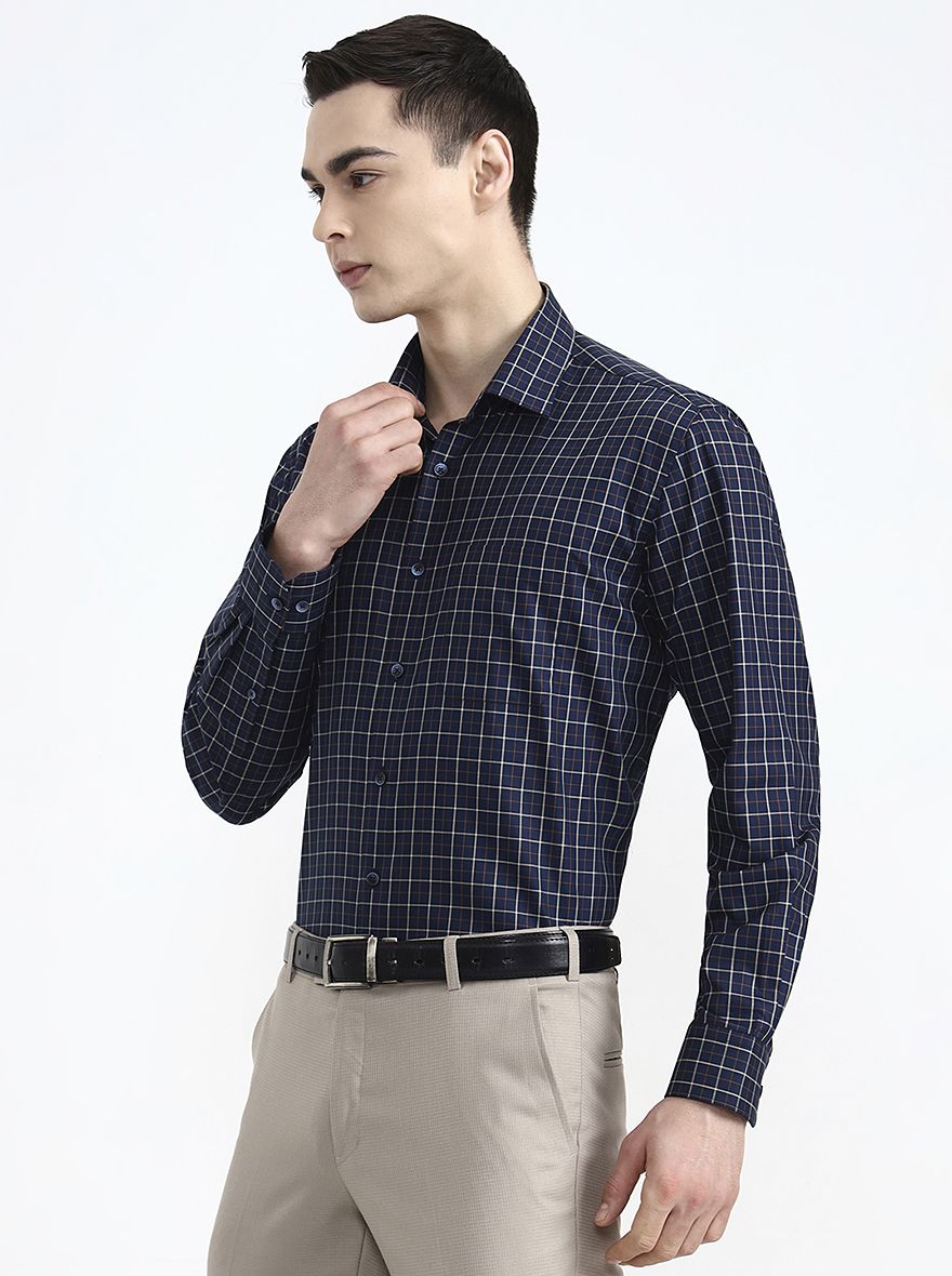 Navy & Yellow Checked Regular Fit Formal Shirt | JadeBlue