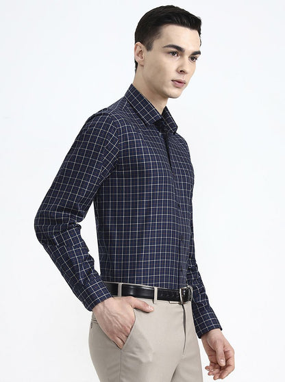 Navy & Yellow Checked Regular Fit Formal Shirt | JadeBlue