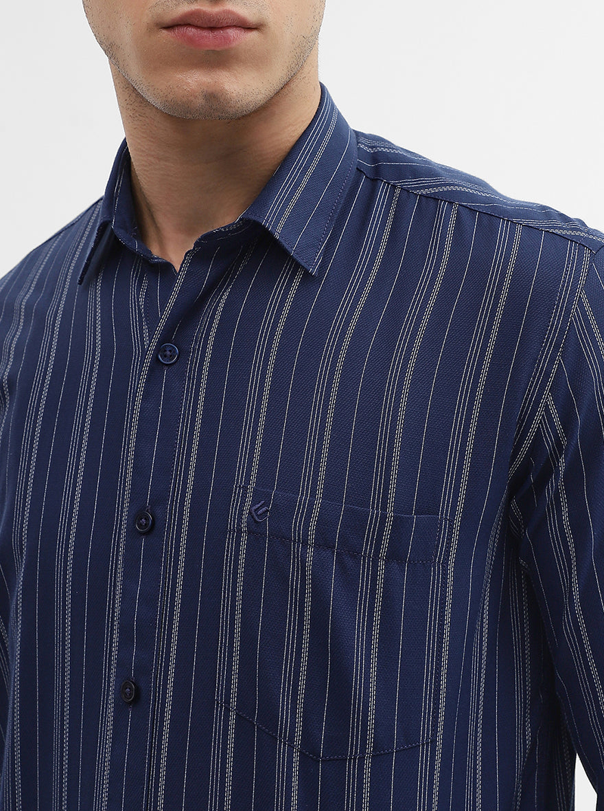 Navy Blue Striped Smart Fit Semi Casual Shirt | Greenfibre