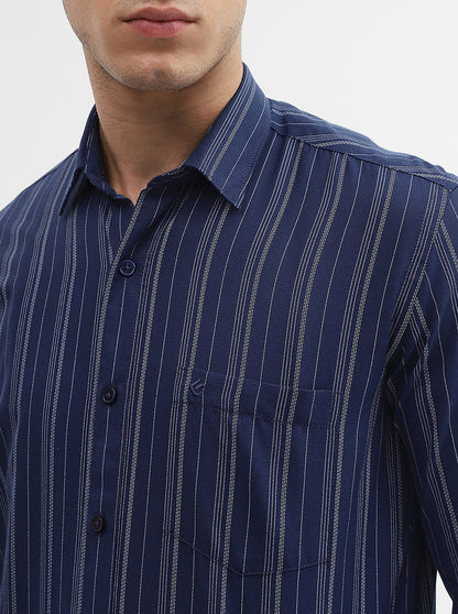 Navy Blue Striped Smart Fit Semi Casual Shirt | Greenfibre
