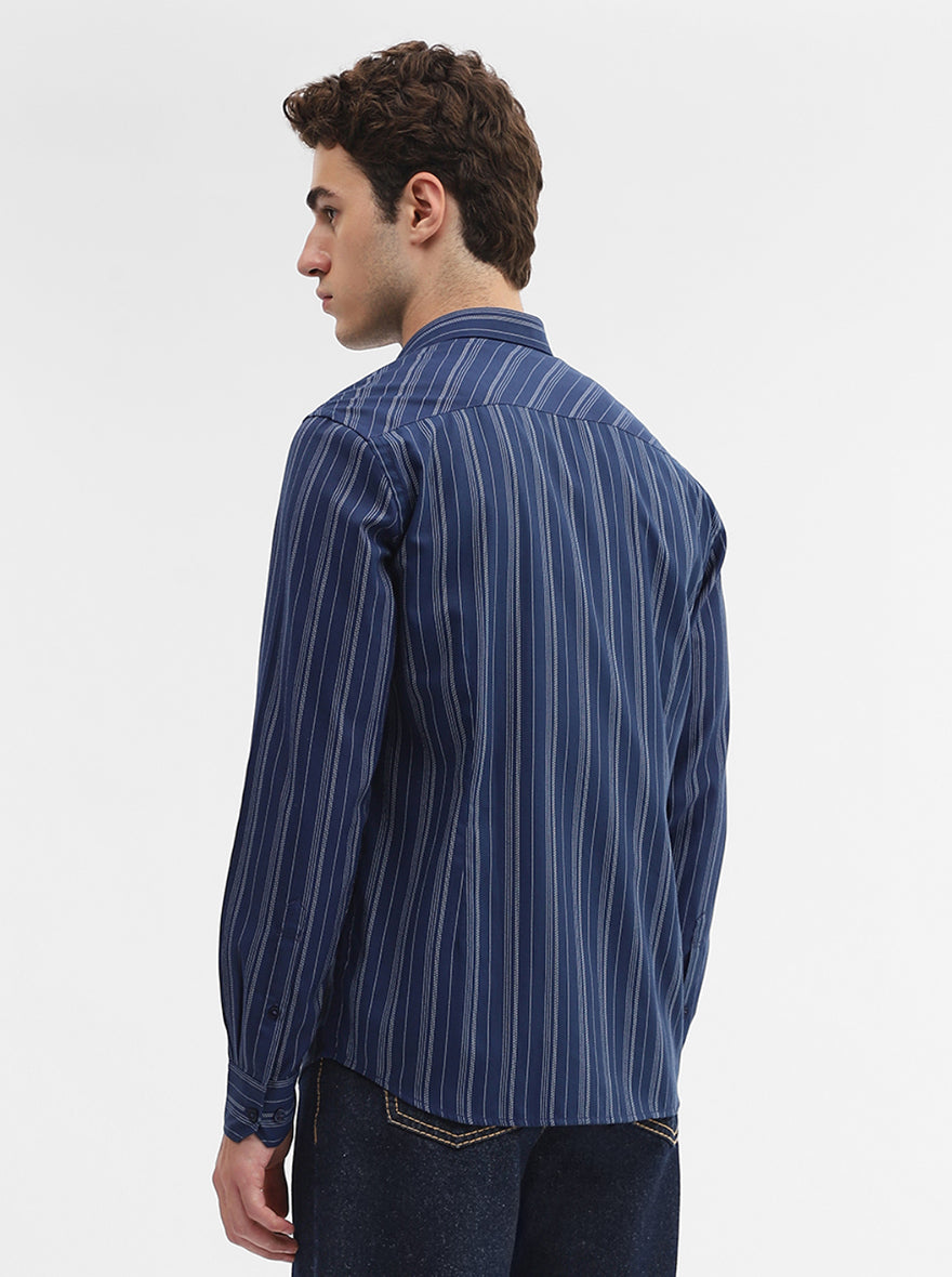 Navy Blue Striped Smart Fit Semi Casual Shirt | Greenfibre