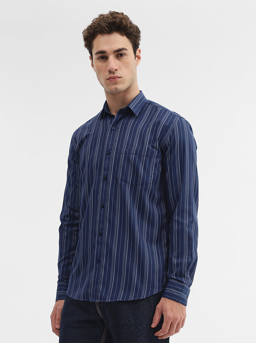 Navy Blue Striped Smart Fit Semi Casual Shirt | Greenfibre