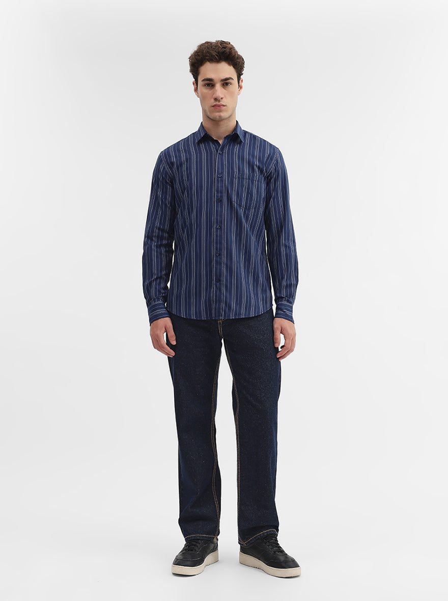 Navy Blue Striped Smart Fit Semi Casual Shirt | Greenfibre
