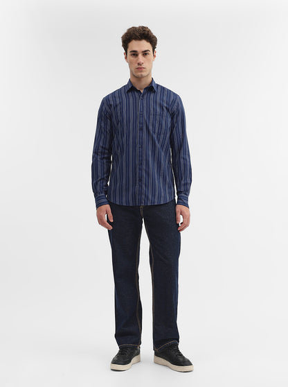 Navy Blue Striped Smart Fit Semi Casual Shirt | Greenfibre