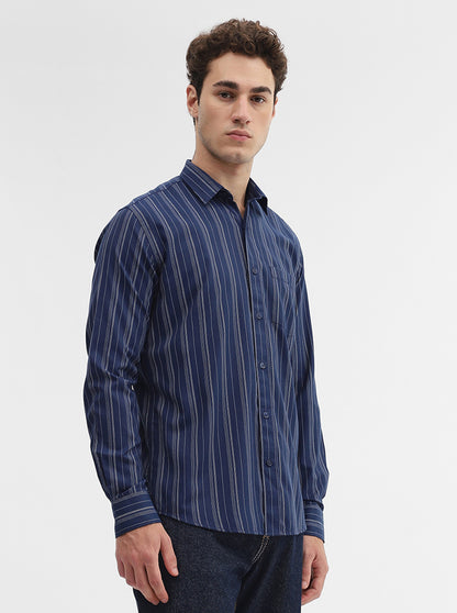 Navy Blue Striped Smart Fit Semi Casual Shirt | Greenfibre