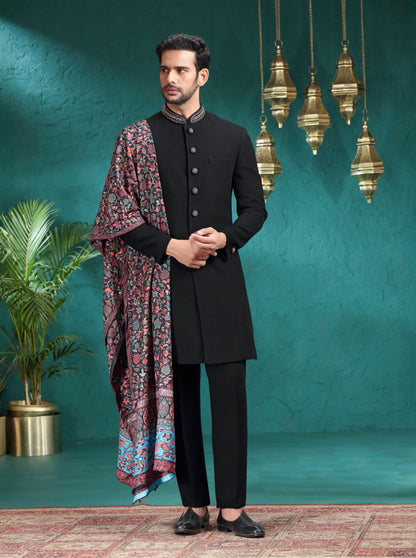 Black Self Textured Indowestern | TULA