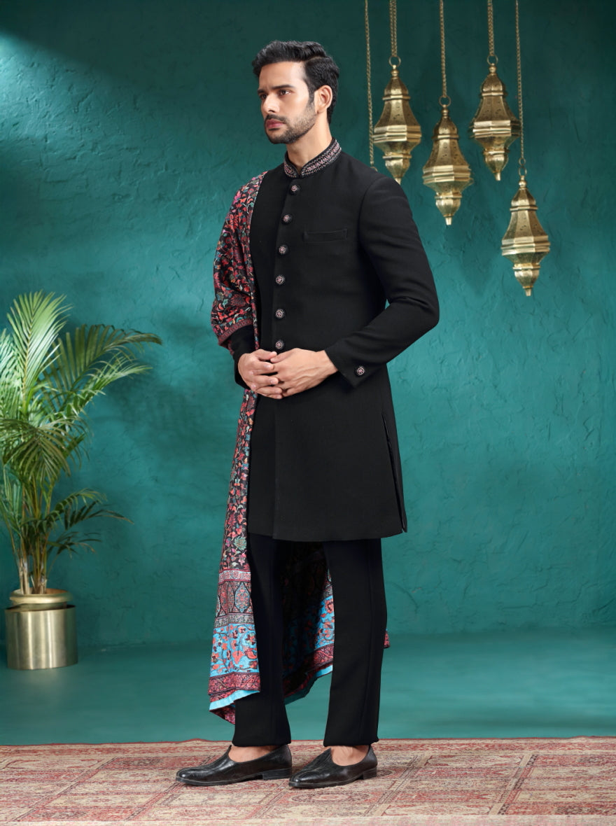 Black Self Textured Indowestern | TULA