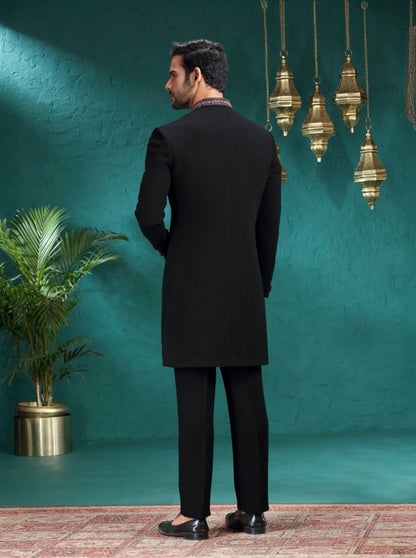 Black Self Textured Indowestern | TULA