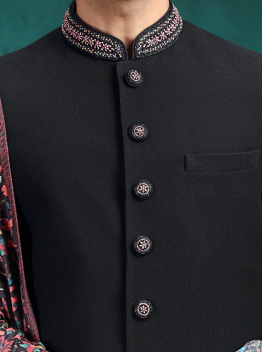 Black Self Textured Indowestern | TULA