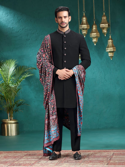 Black Self Textured Indowestern | TULA
