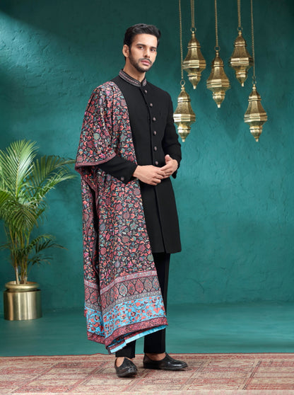 Black Self Textured Indowestern | TULA