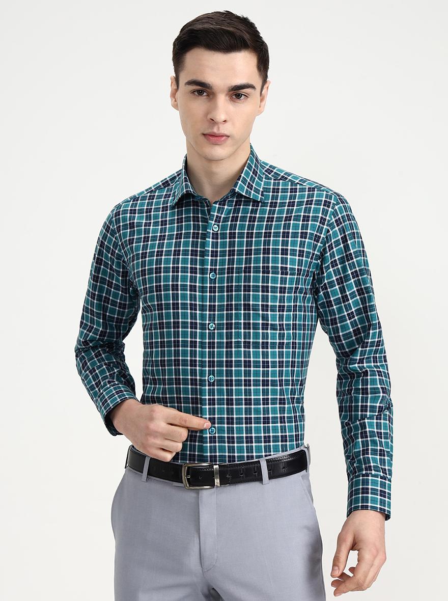 Green & Blue Checked Slim Fit Formal Shirt | Metal