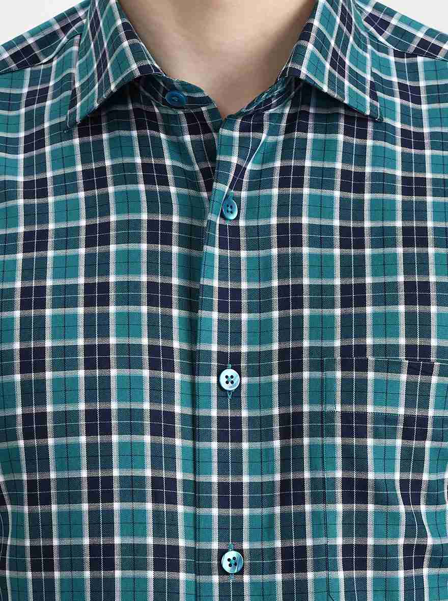 Green & Blue Checked Slim Fit Formal Shirt | Metal