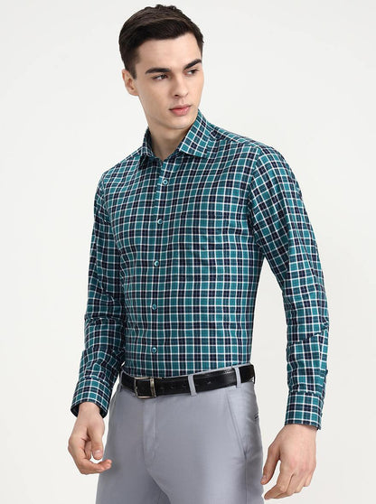 Green & Blue Checked Slim Fit Formal Shirt | Metal