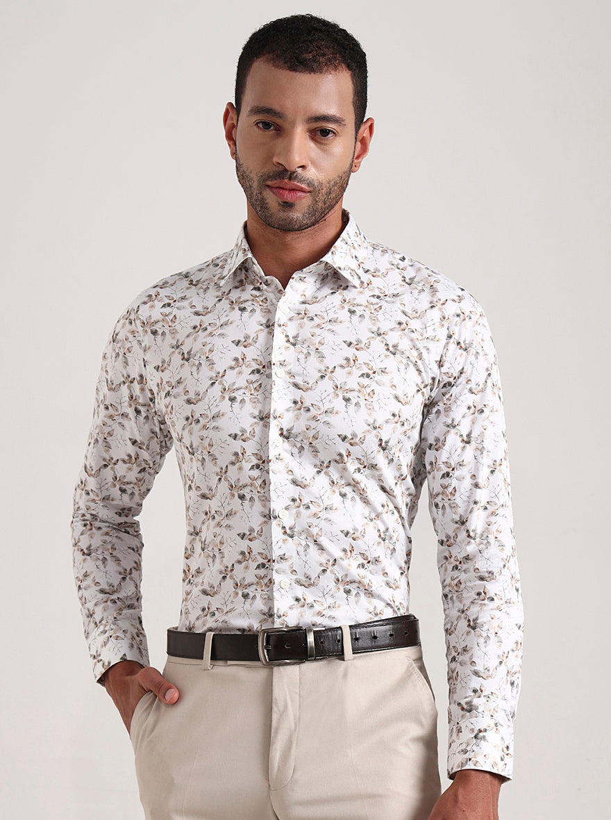 White Base & Grey Printed Slim Fit Party Wear Shirt | Wyre