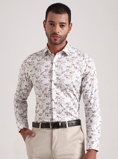 White Base & Grey Printed Slim Fit Party Wear Shirt | Wyre
