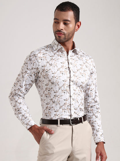 White Base & Grey Printed Slim Fit Party Wear Shirt | Wyre