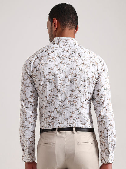 White Base & Grey Printed Slim Fit Party Wear Shirt | Wyre