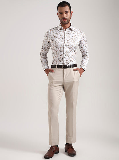White Base & Grey Printed Slim Fit Party Wear Shirt | Wyre