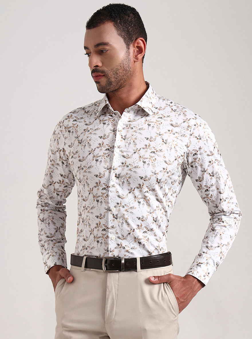 White Base & Grey Printed Slim Fit Party Wear Shirt | Wyre