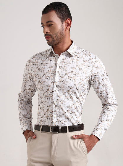 White Base & Grey Printed Slim Fit Party Wear Shirt | Wyre