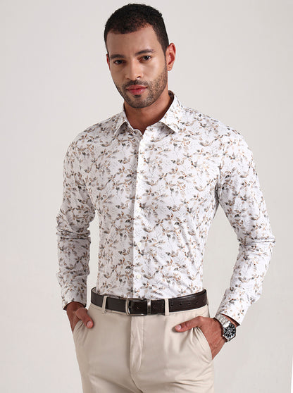 White Base & Grey Printed Slim Fit Party Wear Shirt | Wyre