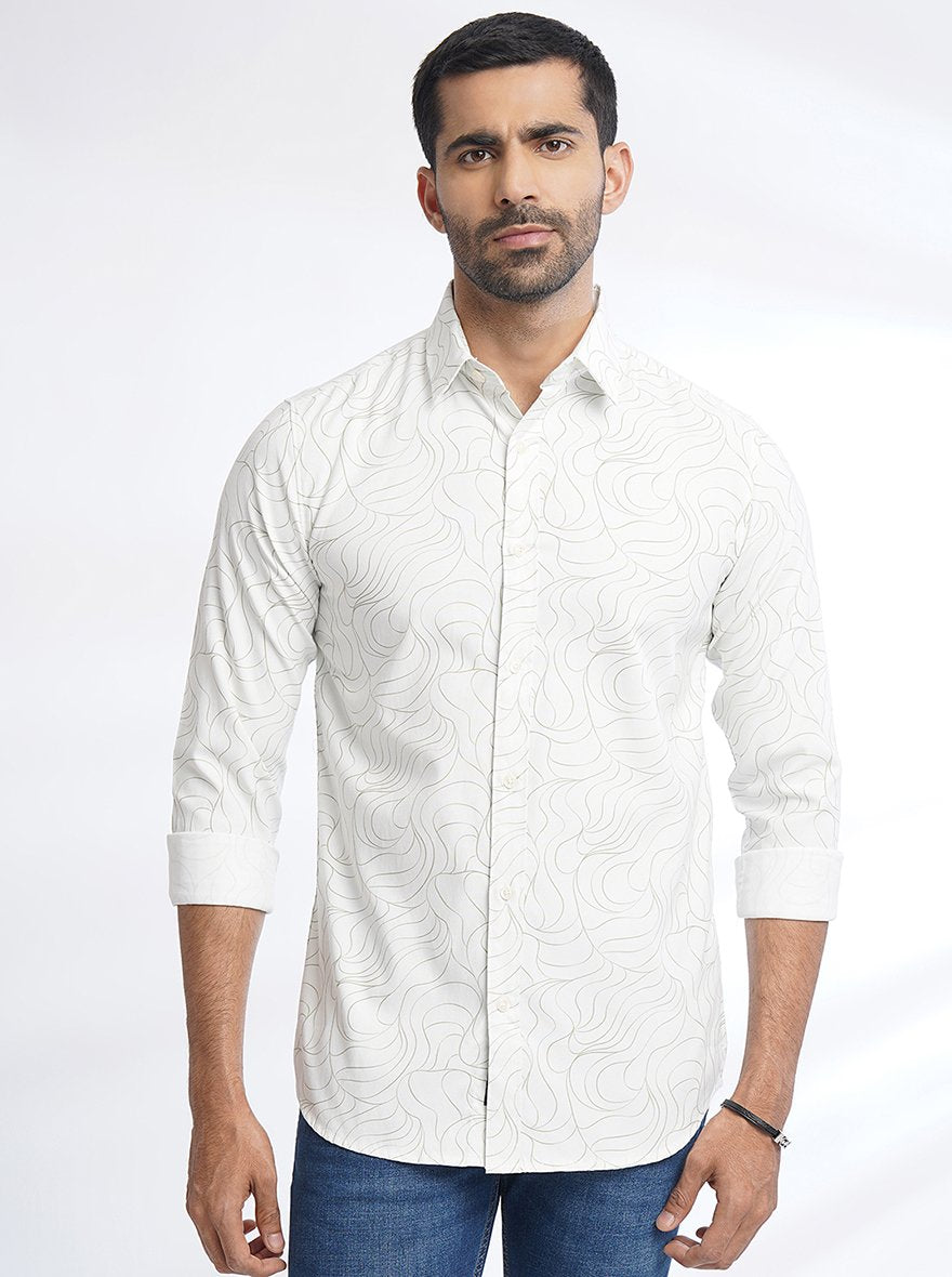 White Printed Slim Fit Casual Shirt | JadeBlue