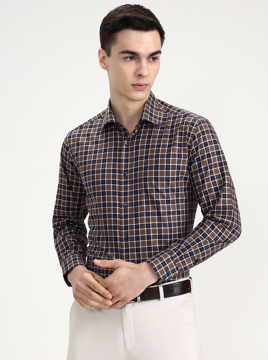 Khakhi & Blue Checked Slim Fit Formal Shirt | Metal