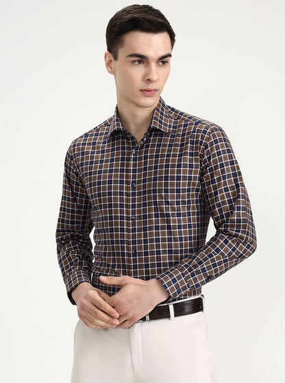 Khakhi & Blue Checked Slim Fit Formal Shirt | Metal