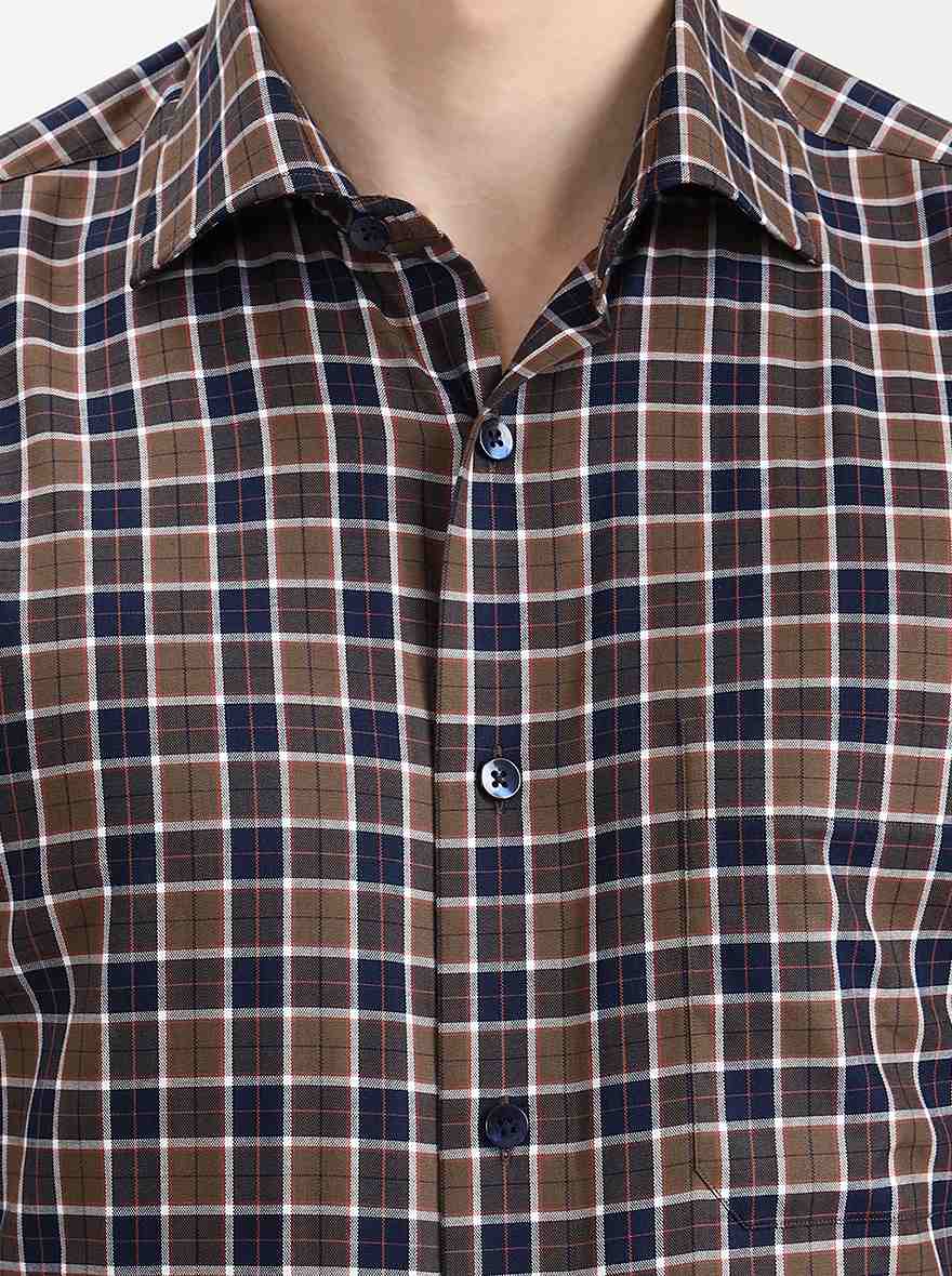 Khakhi & Blue Checked Slim Fit Formal Shirt | Metal
