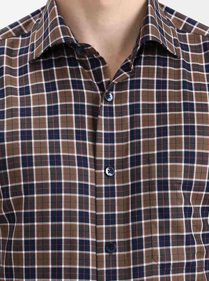 Khakhi & Blue Checked Slim Fit Formal Shirt | Metal