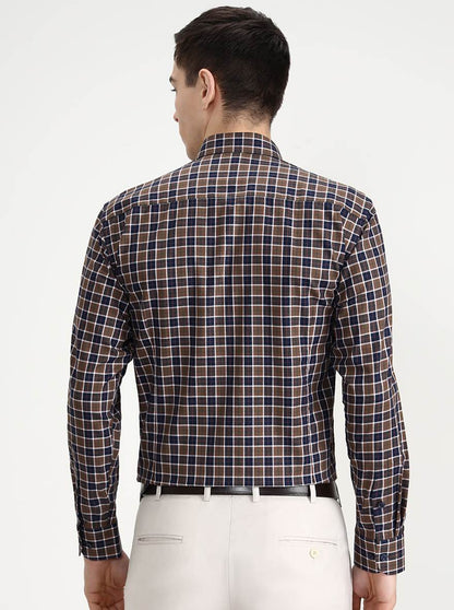 Khakhi & Blue Checked Slim Fit Formal Shirt | Metal
