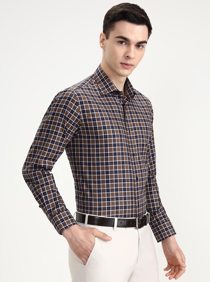 Khakhi & Blue Checked Slim Fit Formal Shirt | Metal