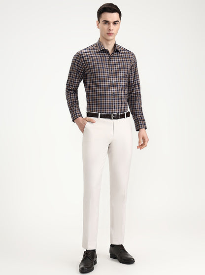 Khakhi & Blue Checked Slim Fit Formal Shirt | Metal